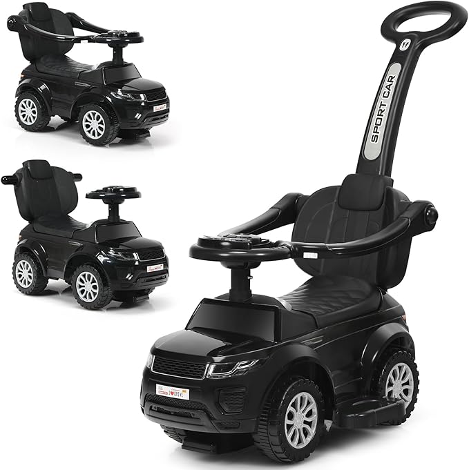 GLACER Push Cars for Toddlers 1-3, 3-in-1 Kids Sliding Car with Detachable Guardrail, Horn, Music, Lights, Storage Box and Anti-Roll Design, Ride on Push Car for Boys Girls (Black)