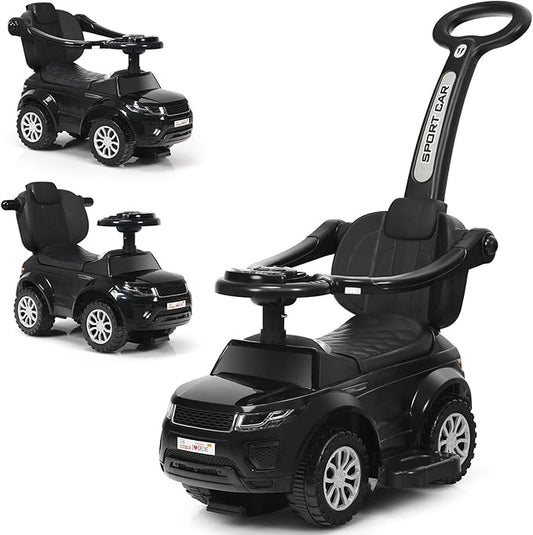 GLACER Push Cars for Toddlers 1-3, 3-in-1 Kids Sliding Car with Detachable Guardrail, Horn, Music, Lights, Storage Box and Anti-Roll Design, Ride on Push Car for Boys Girls (Black)