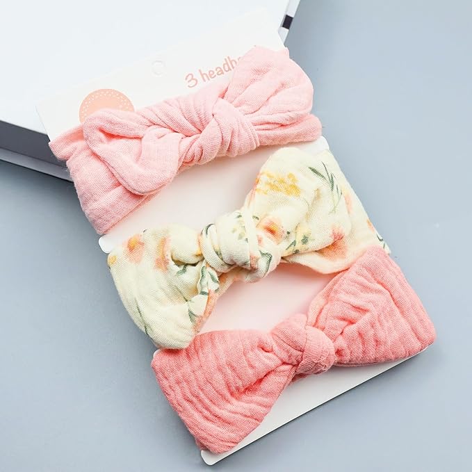 Baby Girl Muslin Cotton Hair Bow Headband, Top Knotted Floral and Solid Headwrap for Newborns, Infants, Toddlers (CJpinkset)