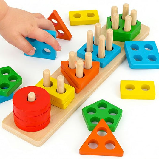 LovesTown Stacking and Sorting Learning Puzzles, Montessori Wooden Sensory Toys for Toddlers, 20 PCS