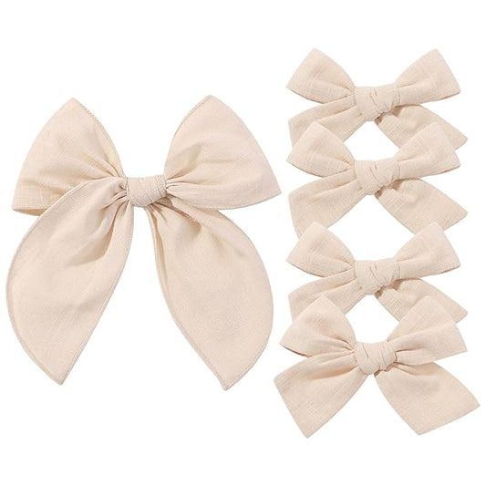 YHXX YLEN 5PCS Khaki Cotton Linen Hair Bows for Girls Handmade Alligator Clip Hair Accessories for Babies Infant Toddlers Kids(5inch×1, 4inch×2, 3.5inch×2)