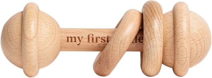 Pearhead Wooden Baby Rattle & Teether – Laser-Engraved Keepsake, Natural Beechwood, Montessori Sensory Toy Develops Fine Motor Skills & Hand-Eye Coordination, Newborn Gift, 0+ Months
