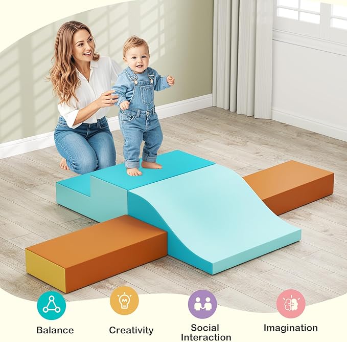 Olakids Toddler Climbing Toys Indoor, 10 Pieces Baby Foam Blocks Soft Play Set with PU Leather, Kids Climb Crawling Activity Gym Playground for 1+ Years (Brown)