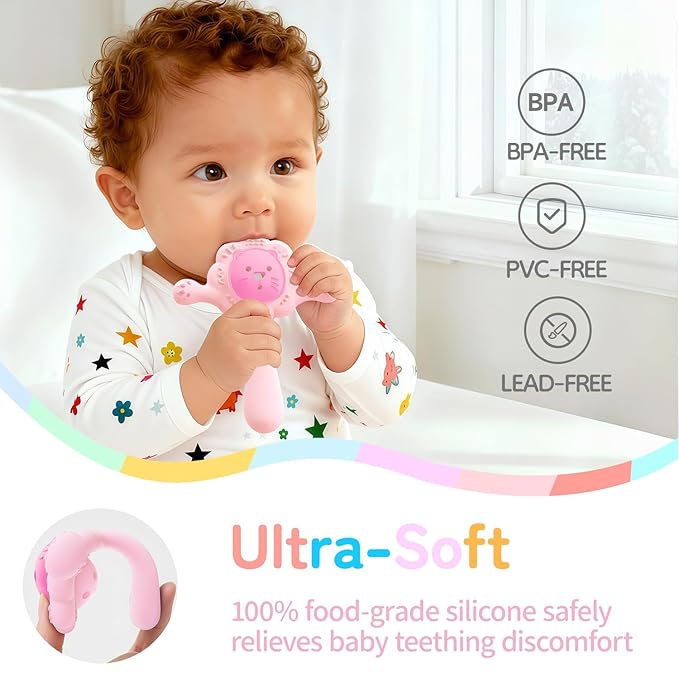Lion Baby Teething Toy with Rattle, Food-Grade Silicone Montessori Sensory Toy for Babies 0-6 6-12 18 Months, BPA-Free Infant Sore Gum Relief & Motor Skills Development - Pink