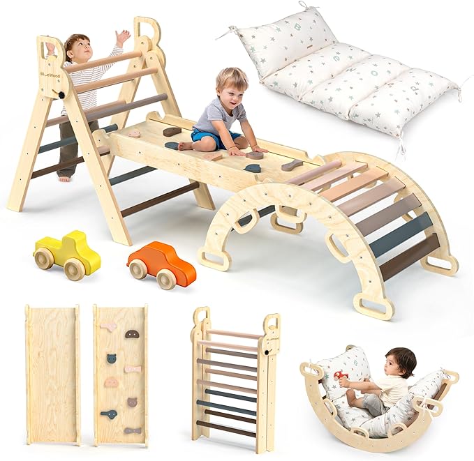 BlueWood Pikler Triangle Set with Cushion - Climbing Toys for Toddlers 9-in-1, Montessori Philosophy Play Jungle Gym with Arch, Ramp, Ladder (Pink)