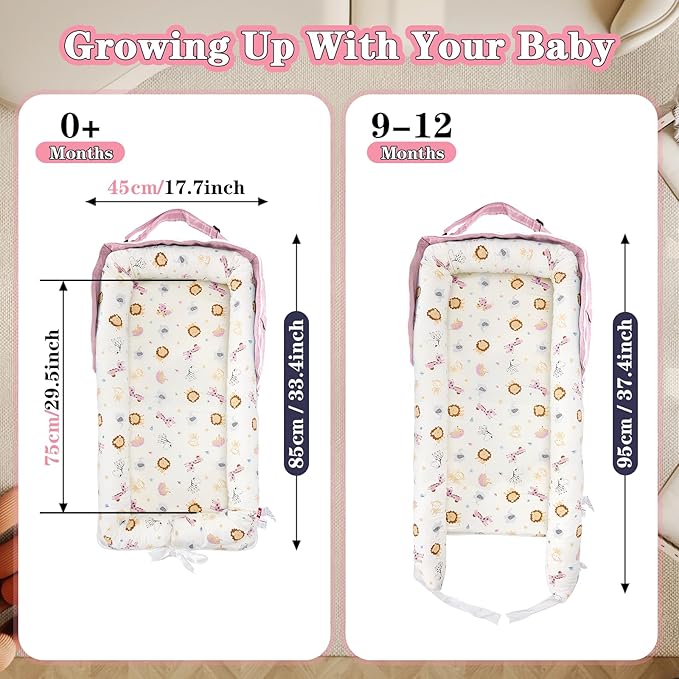 Baby Lounger for Newborn-Portable Baby Lounger 0-24 Months for Home and Travel,Newborn Loungers with Strap, Baby Nest Lounger Adjustable Size,Animal World Pink