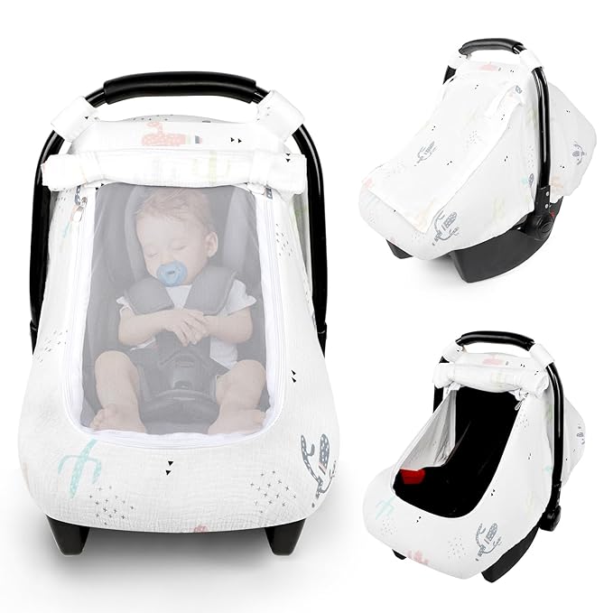 Muslin Baby Car Seat Cover for Boys Girls, Infant Carseat Canopy with Breathable Mesh Peep Window, Summer Lightweight Sunshade Carrier Cover for Newborn, Cacti