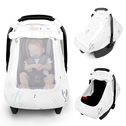 Muslin Baby Car Seat Cover for Boys Girls, Infant Carseat Canopy with Breathable Mesh Peep Window, Summer Lightweight Sunshade Carrier Cover for Newborn, Cacti