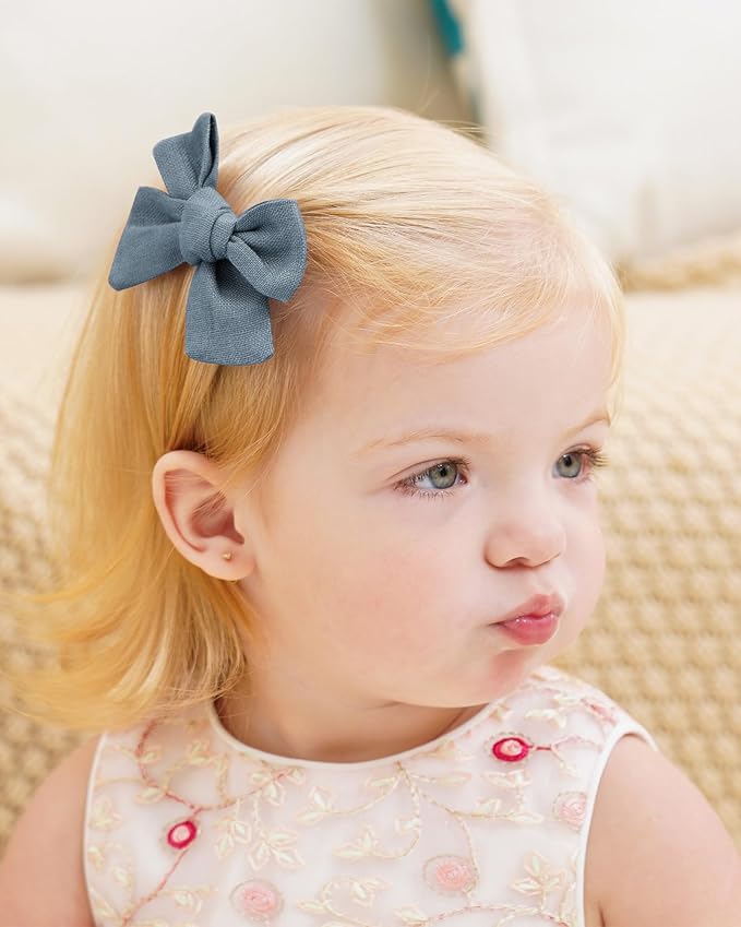Jollybows 2pcs 3.2" Hair Bows Clips for Baby Girl Toddler Pigtail Neutral Linen Hair Clip Bows -Blue Denim