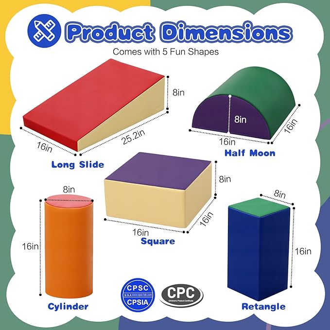 JungleDove 5-Piece Soft Play Climbing Blocks for Toddlers - High-Density Foam Kids Indoor Climber - Waterproof PU Leather Baby Gym Mats for Toddler Playroom & Daycare (Classic Color)