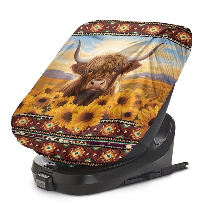 Car Seat Protector Baby Car Seat Sun Shade Cover, Keeps Baby's Carseat at Cooler Temperature, Blocks Out Heat & Sun UV Covers, Universal Toddler Car Accessories, Highland Cow Aztec Sunflower