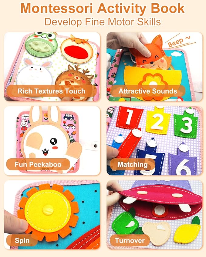 Busy Book for Toddlers 1-3, Montessori Toys for 1 Year Old, Baby Activity Quiet Books, Kids Travel Toys, Busy Board for Toddlers 3-5, Educational Learning Gifts for Boys Girls, Felt Animals Sensory