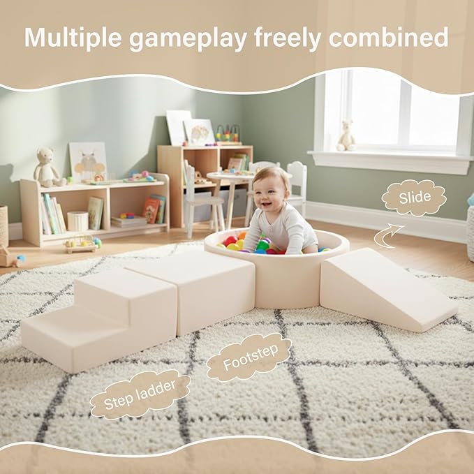 Tiita Climbing Toys with Ball Pit for Toddlers, 4-Piece Kids Foam Climbing Blocks for Baby, Activity Soft Climb and Crawl Playset Indoor Playground, Beige (Balls not Included)