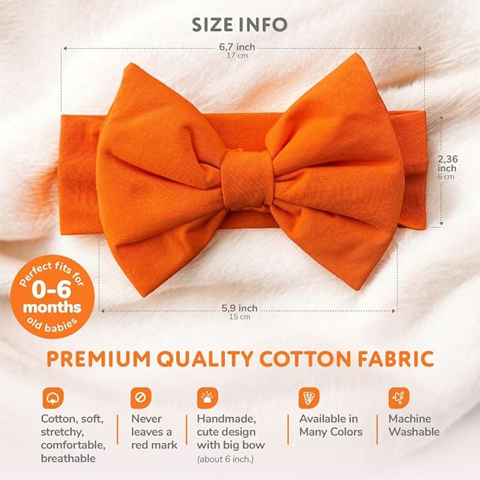 Newborn Baby Girl Headband 0–6 Months – Soft Cotton Big Bow Headband for Infants, Stretchy Baby Hair Band, 4.3" (11 cm) Bow, 2.4" (6 cm) Band (Orange, 0-6 Month)
