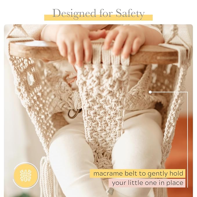 Finn + Emma - Handmade Macrame Baby Swing with Solid Wood Bar - Organic Baby Accessories - Handmade with Care