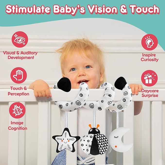 GKDOMS Baby Spiral Hanging Stroller and Car Seat Toys Black and White High Contrast Sensory Toy Newborn Plush Activity Toys Party Favors Quality Baby Shower Valentine's Gifts