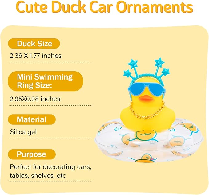wonuu Car Duck Rubber Duck Car Ornaments Duck Car Dashboard Decorations with Cute Headband Swim Ring Necklace Sunglasses, B-Blue Star Headband-Transparent