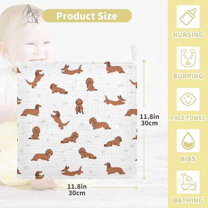 vvfelixl Baby Cotton Washcloths Dachshund Long Haired Infants Bath Towel for Unisex Face Towels for Newborn, Natural Baby Wipes Delicate Skin, 11.8 X 11.8 inch, one sizex5