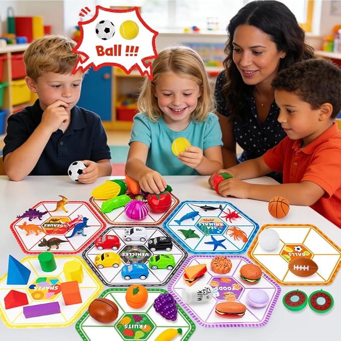 Sorting Toys for Toddlers, 48 Toys Sorting Matching Playset Sensory Toys for Kids, Match Card Sort Game Set with Storage Bag, Multiple Theme Box Preschool Educational Learning Fine Motor Skills Games