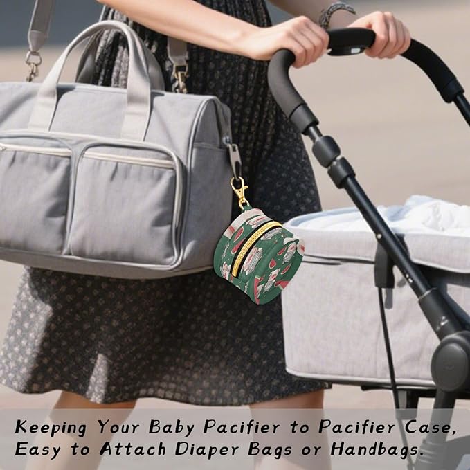 Pacifier Holder with Clip Pacifier Case for Diaper Bag Round Baby Pacifier Pouch Box Bag Portable Dark Green Pig and Watermelon
