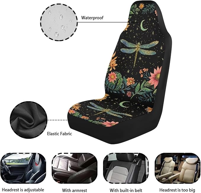 Dragonfly Car Seat Covers Elastic Fabrics Waterproof Car Seat Cover Easy to Install Auto Interior Accessories 2 Pcs Set for SUV, Vans,Sedan,Truck