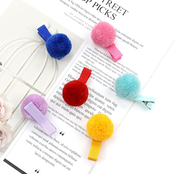 Cinaci Hair Clips, 24 Pack 1.2 Inch Candy Colorful Pom Pom Alligator Hair Clips with Small Cute Puffy Fuzzy Pompoms, Hair Accessories for Baby Girl Infant Toddler Kids