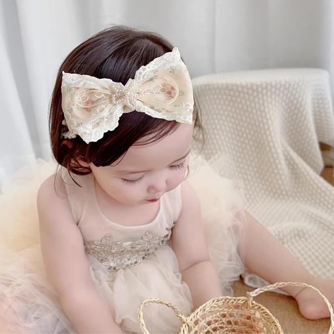 Baby Girls Hairband White Bow Lace Headbands Handmade Soft Stretchy Bowknot Hairbands Newborn Headband with Bows Pearls Elastic Head Band for Newborn Infant(Flower Embroidered Pearl Bow)