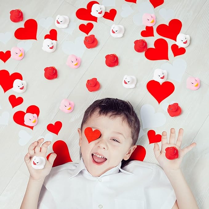 Haooryx Valentine's Exchange Gifts Bulk - 60-Piece Valentine's Day Mini Rubber Duckies Cute Red Squeak Duck Kids' Multi-Item Party Favor Pack Classroom Exchanges Holiday School Game Rewards Goodie Bag