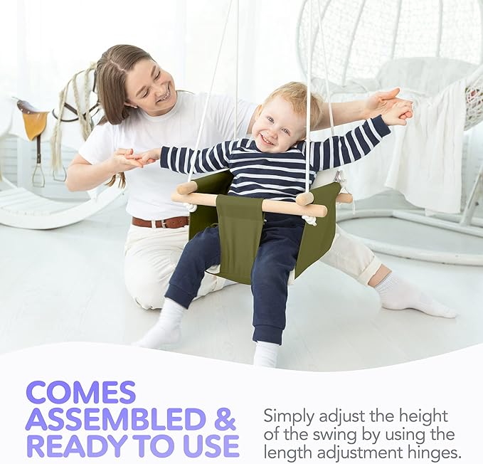 CaTeam - Canvas Baby Swing, Wooden Hanging Swing Seat Chair with Safety Belt, Durable Baby Swing Chair, Outdoor and Indoor Swing for Kids, Mounting Hardware Included, Green