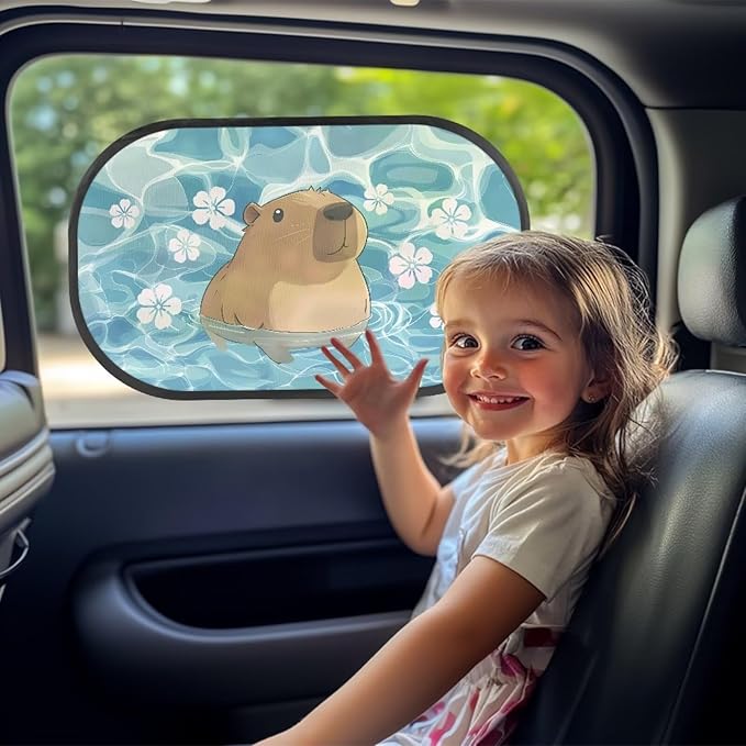 Bulopur 2 Pack Floral Capybara Window Shade Baby in Car Glare Shield Protection Cute Side Window Screens Easy to Install UV Protection Breathable Universal Fit