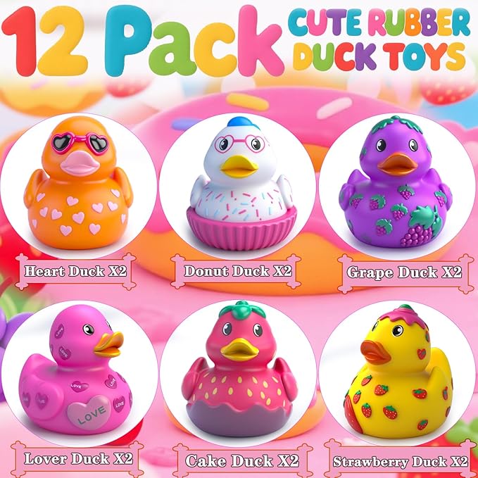 Rubber Ducks for Kids,12PCS Toddler Bath Toys, Baby Pool Bathtub Toys, Assorted Duckies in Bulk for Girls Party Favors Supplies Decoration(Pink)
