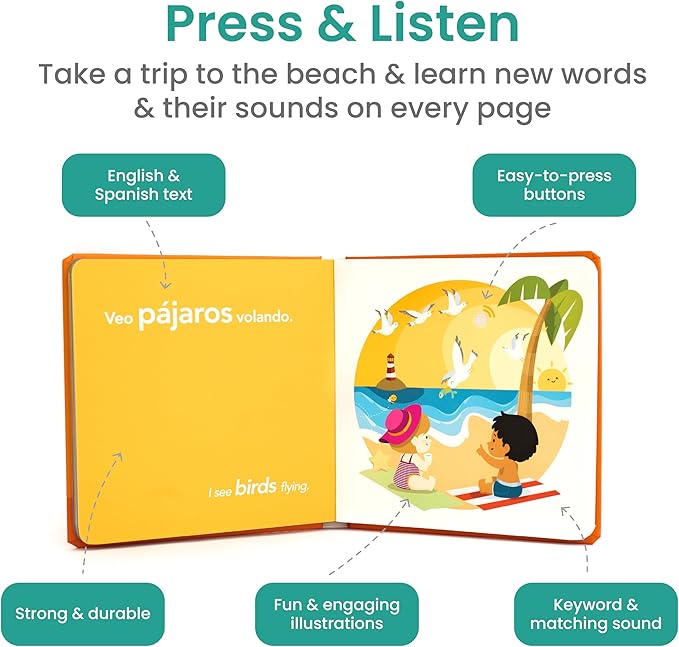 Binibi Bilingual Sound Book for Toddlers 1–3 – Visitando La Playa, Ocean Sounds in Spanish & English, Interactive Board Book. Libro en Español para Niños.