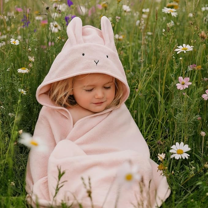 Hooded Baby Towel - 100% Organic Cotton Baby Bath Towels – Baby Towels, Baby Bath Towels for Baby Girl, 32" x 32" Super-Soft and Absorbent Baby Towels for Newborn (Rabbit - Blush)