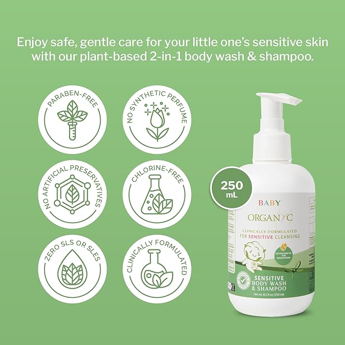 Organyc Baby Shampoo & Body Wash with Skin-Nurturing Cotton Seed Oil, Gentle Kids Body Wash, Naturally Formulated Baby Essentials, 8.5 fl oz