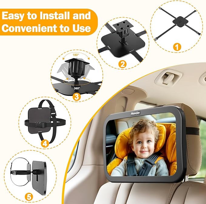 MONOJOY Baby Car Mirror Travel Car-Seat Infant Mirrors Safety Kids Rear View for Rear Facing with Wide View 360° Rotating|Adjustable|Shatterproof Convex Child Mirror, 11.8 ″ x 7.25 ″, Black