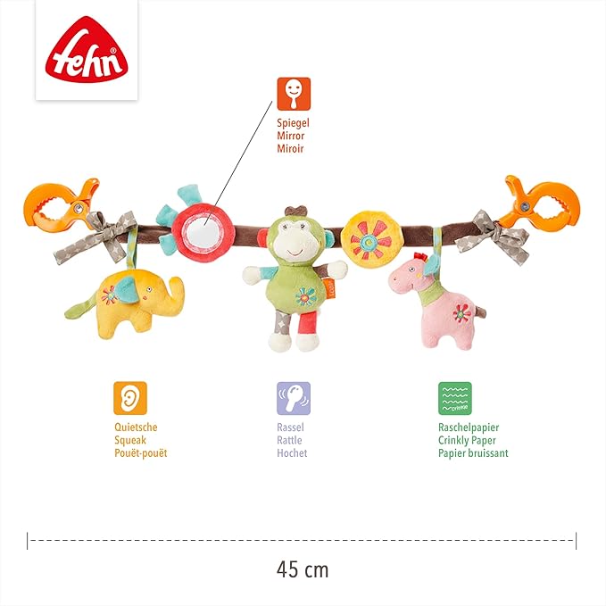 Fehn 074550 Safari Pram Chain – Mobile Chain with Cute Characters to Hang On Prams, Baby Seats Or Cots – for Babies and Toddlers from Newborns Upwards, Length : 45 cm