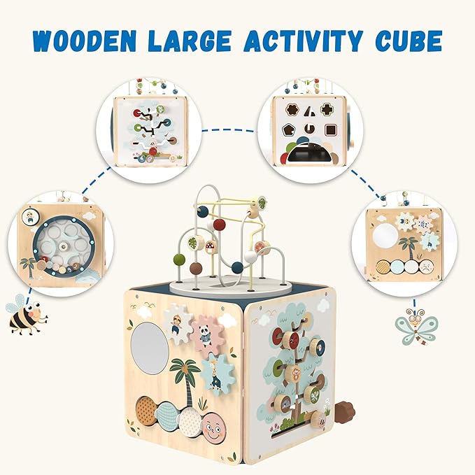 FReniland Wooden Activity Cube，Five Sided Montessori Toys，Sensory Toy for Toddler，Gift for Boys and Girls Over 18 Months