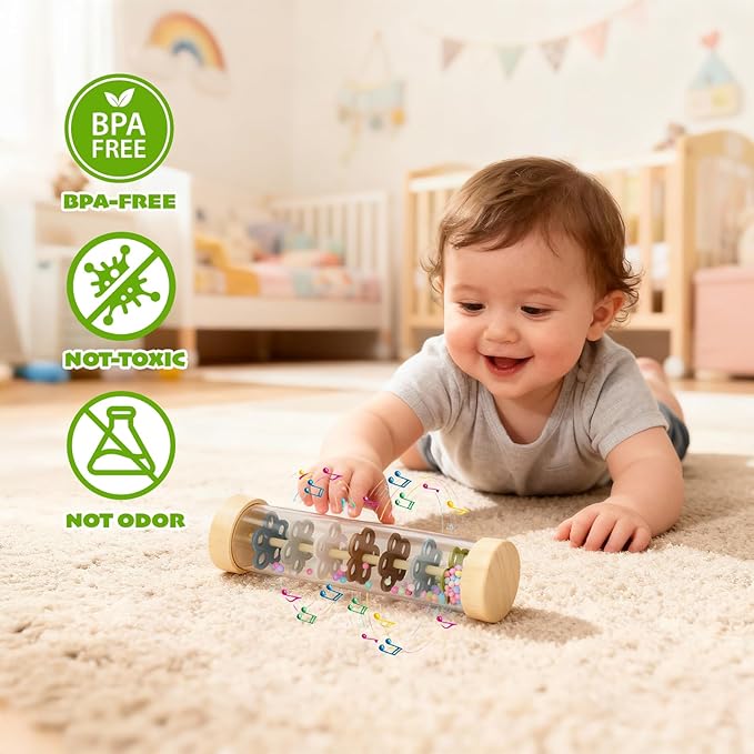 Rain Stick Baby Toy, Montessori Baby Toys for 6–12 Months & 1 Year Old, Wooden Sensory Baby Rattle with Rainmaker Sound, Gentle Shake Volume Control & Extended Play Time – Infant Musical Toy