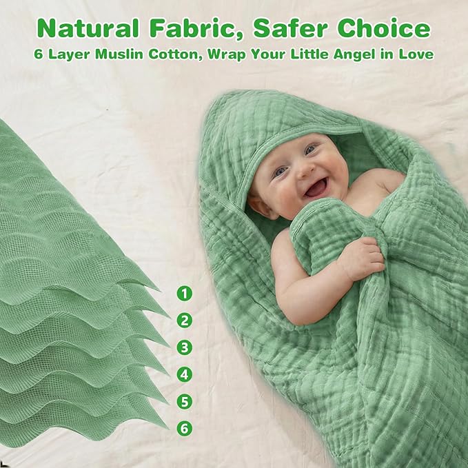 Hooded Baby Bath Towels for Newborn, 2 Pack - 6-Layer 100% Muslin Cotton, Soft Absorbent Baby Towels with Hood for Babies, Infants & Toddlers, Large 32x32 Inch Unisex Newborn Baby Bath Essentials