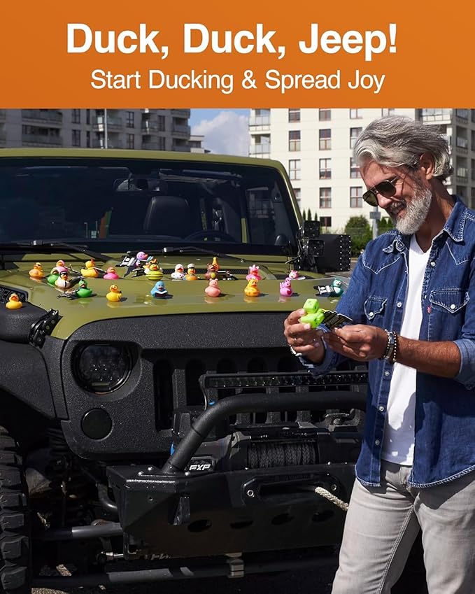 Jeep Ducks for Ducking Refill Kit- 75 Piece kit Including 25 Rubber Ducks, 25 Jeep Ducking Cards & 25 Rubber Bands Plus Official Duck Duck Jeep Mobile App - Happy Duckers