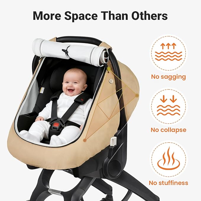 Rquite Car Seat Cover Baby, Winter Carseat Covers Boy Girl, Waterproof Infant Car Seat Cover Warm Car Seat Canopy for Cold Weather, Windproof Baby Carrier/Stroller Cover with 2 Layers Windows, Khak