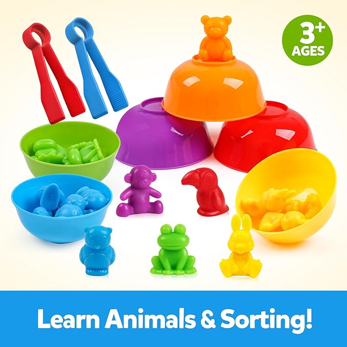 GKDOMS Counting Animals Toys Matching Game with Sorting Bowls Preschool Learning Activities Montessori Sensory Toys for Math Color Sorting, Party Favors Birthday Exchange Gifts for Kids