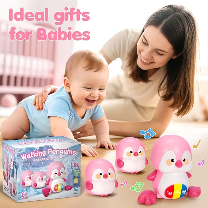 Baby Toys 6-12 Months, Musical Penguins Crawling Infant Toys, Early Learning Toy for Tummy Time with Light & Sound, Birthday Gifts for Babies Newborn Boys Girls 6 7 8 9 10 11 Months 1 Year Old - Pink