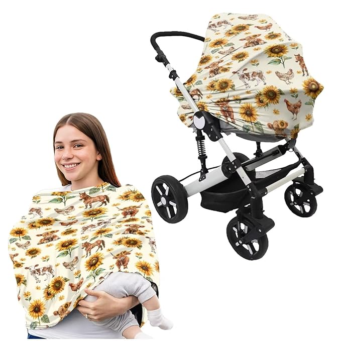 Sunflower Highland Cow Baby Car Seat Covers with Nursing Pillowcase Set of 2, Multi-use Car Seat Canopy Carrier Protector, Breathable Breastfeeding Cover for Girl Boy