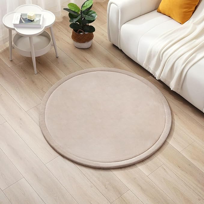 Hakuna Matte CloudSoft Baby Play Mat for Floor Ø 47" Beige – Coral Velvet Memory Foam Rug for Crawling & Cozy Play – Non-Slip, Water-Resistant, Easy-CareTummy Time Mat, Playmat for Playpen