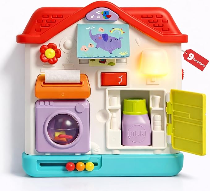 Baby Busy Board for 1 Year Old, Musical Montessori House Busy Board with Light & Music, Toddler Activity Toy for Boys Girls 12-18 Months, 1 Year Old Birthday Gift