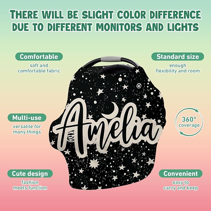 Custom Name Car Seat Canopy - Baby Car Seat Covers, Infant Stroller Cover, Black Pattern Carseat Canopy Christmas Birthday Gifts for Girls and Boys