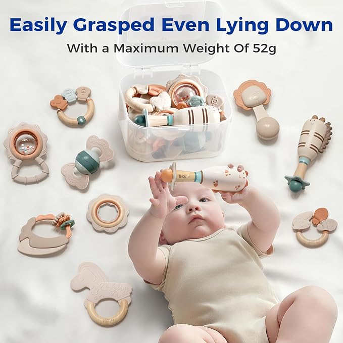 Evoceler Softness Staged Baby Teething Toys with Rattles for 0-6 Months (30° Super Soft, 50° Soft, 70° Regular) -10 Pcs Shaker Toys, Food-Grade Silicone Teethers for Babies 0-18+ Months, BPA Free