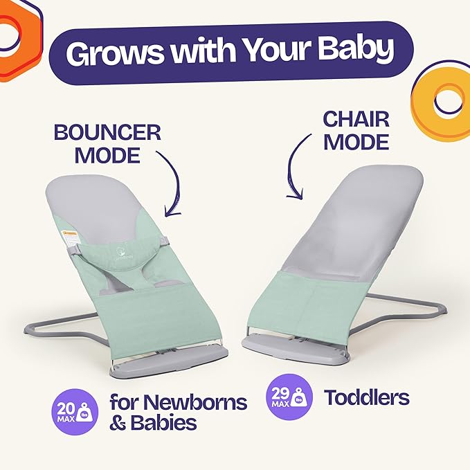 ComfyBumpy Ergonomic Baby Bouncer Seat - Bonus Travel Carry Case - Safe, Portable Bouncing Chair with Adjustable Height Positions - Infant Bouncy Seat Perfect for Newborn Babies (Green)