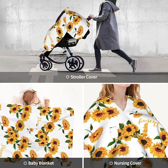 Personalized Yellow Sunflower Baby Infant Car Seats Canopy for Baby with Name, Custom Lightweight Covers for Baby Boys Girls, Minky Nursing Breastfeeding Stroller Cover Canopies for Newborn